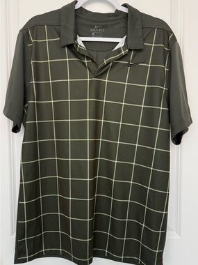 Nike Dark Olive Green Golf Dri-FIT Men's Windowpane Plaid Polo Shirt Large